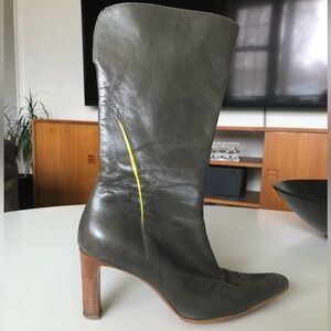 Vintage Dries Van Noten Olive Gray Leather yellow stripe Women's Boots 37 1/2